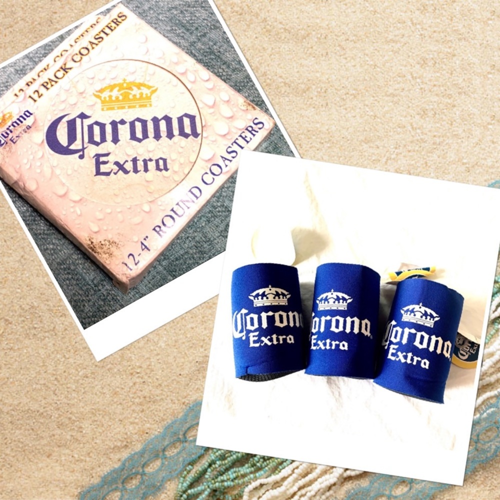 Corona Extra round cardboard coasters Box of 12 & 3 Corona Extra can coolers NWT